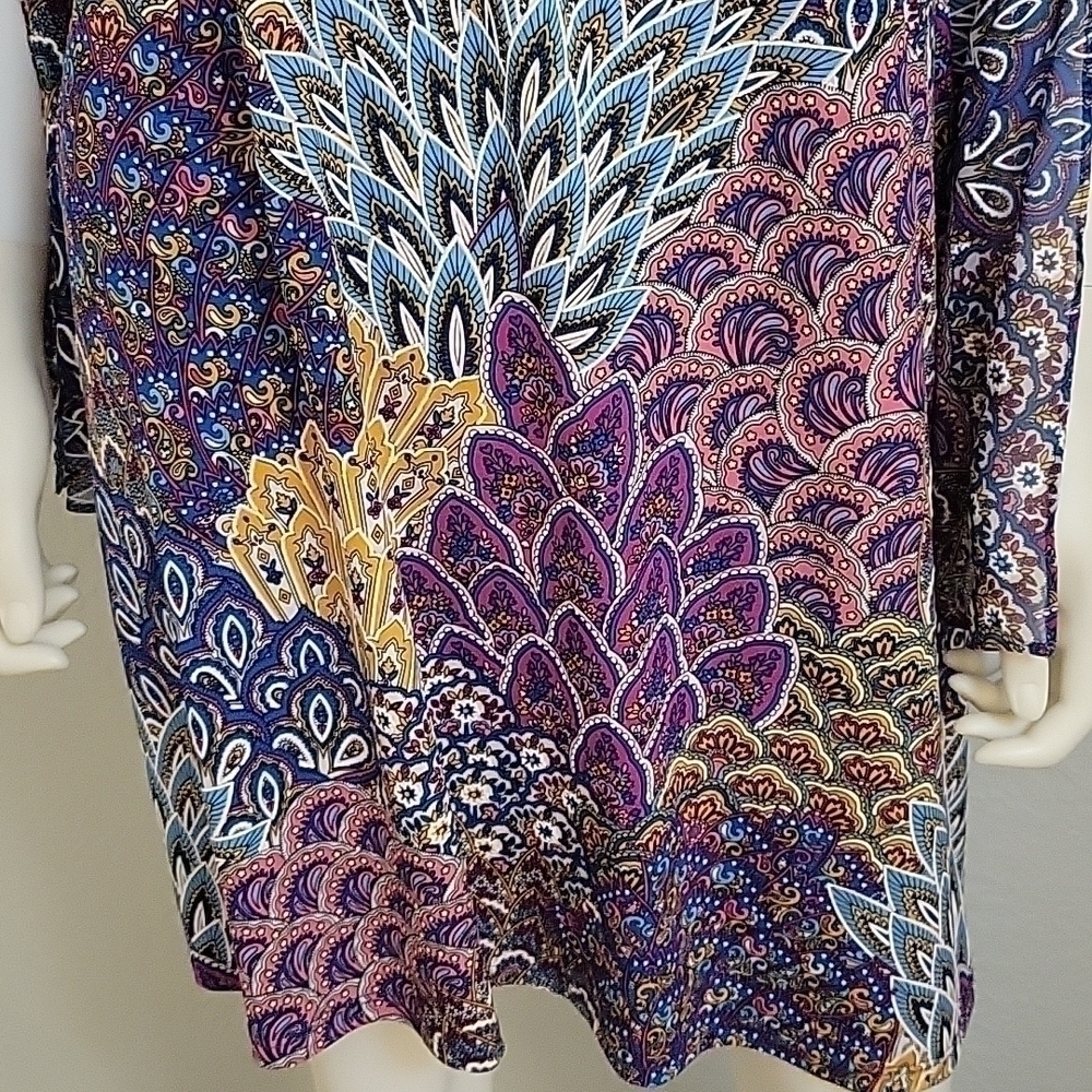 IVY ROAD Colorful Flare Split Sleeve Scoop Neck Peacock Mini Trapeze Disco Dress - Picture 6 of 8